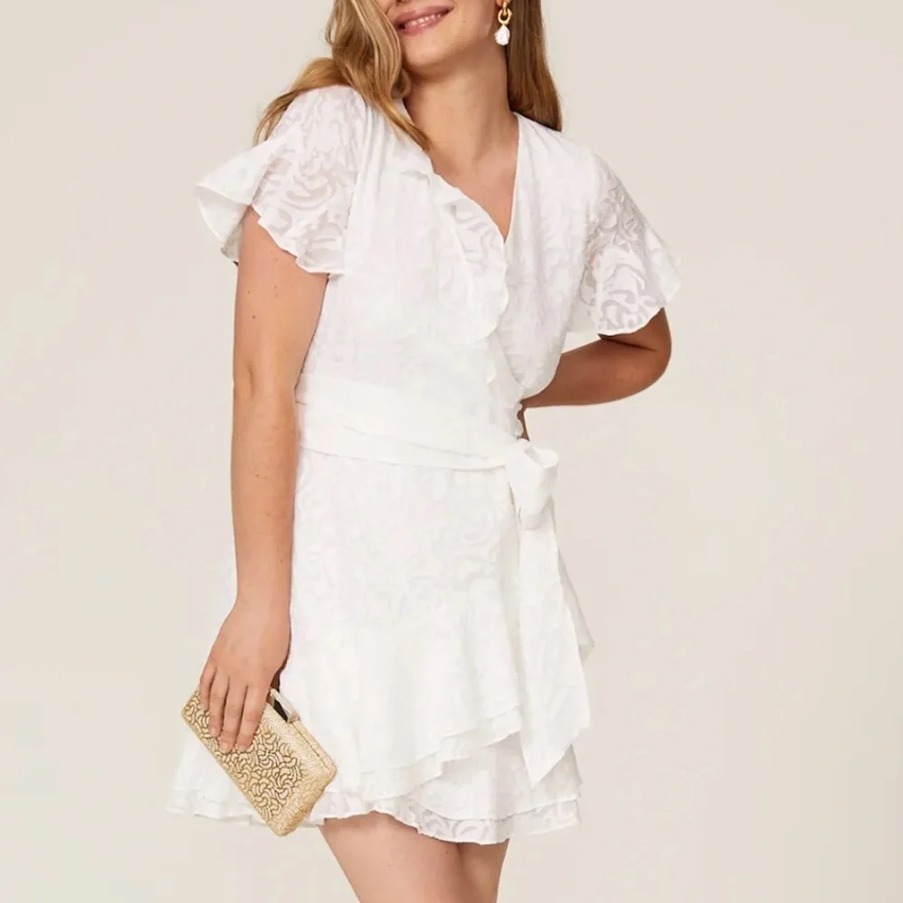 Tanya Taylor Floral Bianka Flutter Sleeve Tie Waist V-Neck Mini Wrap Dress White